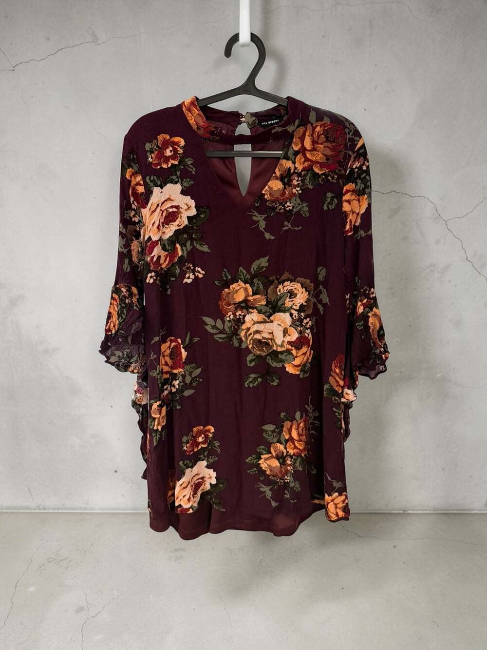 Blu Pepper Burgundy Floral V-Neck Mini Dress with Bell Sleeves‎
